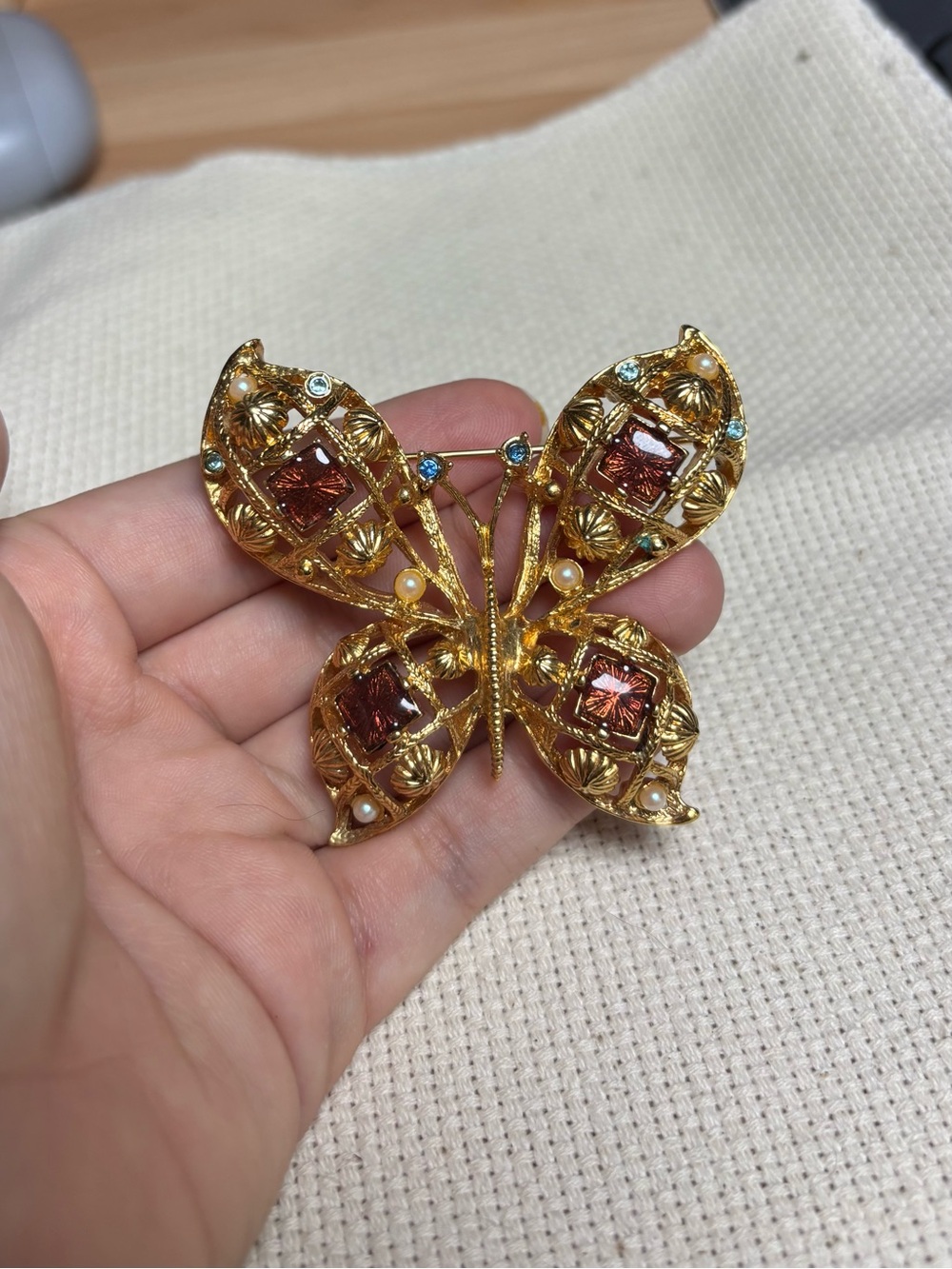 Avon Gold Butterfly Brooch with Amber and Blue Accents